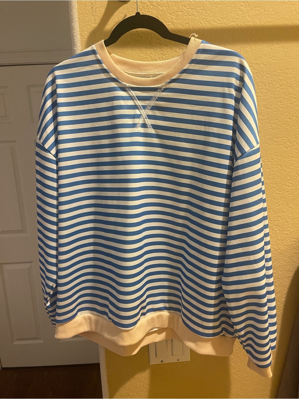 Amazon Blue & White Striped Crewneck Sweatshirt with Cream Trim